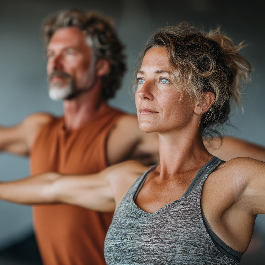 Active middle-aged man and woman in their forties practicing yoga together in a bright studio, demonstrating warrior pose with focused expressions, wearing athletic wear, showing dedication to wellness and mindful movement